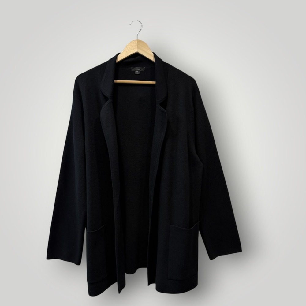 J.Crew Womens Black Open Front Sweater Blazer BA552 Merino Wool Blend XL